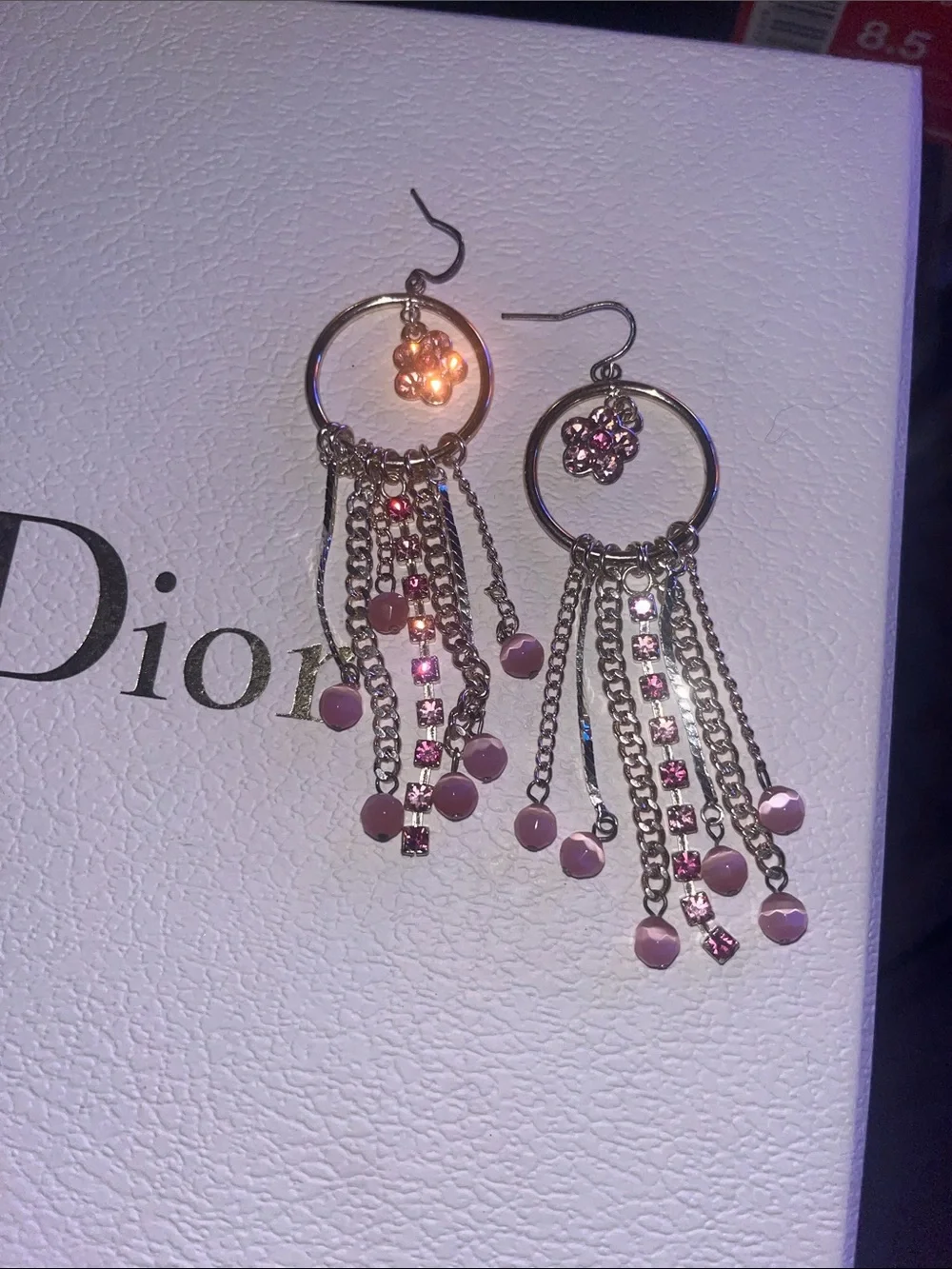 New Hoop with Pink Crystal Flower and Dangle Fringe Earrings